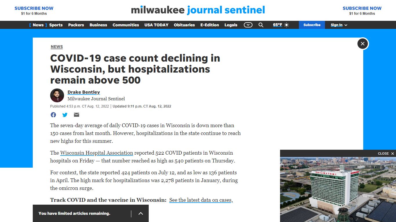 COVID case count declining in Wisconsin, but hospitalizations up